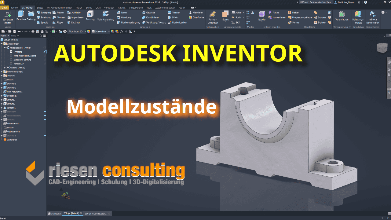 Autodesk Inventor Modellzustände im Bauteil mit Rohteil für CAM und Zeichnung