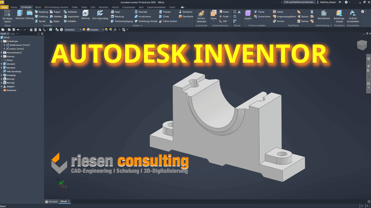 Autodesk Inventor Tutorial Zeichnung 286 – 3D CAD Bauteil vollständig modelliert