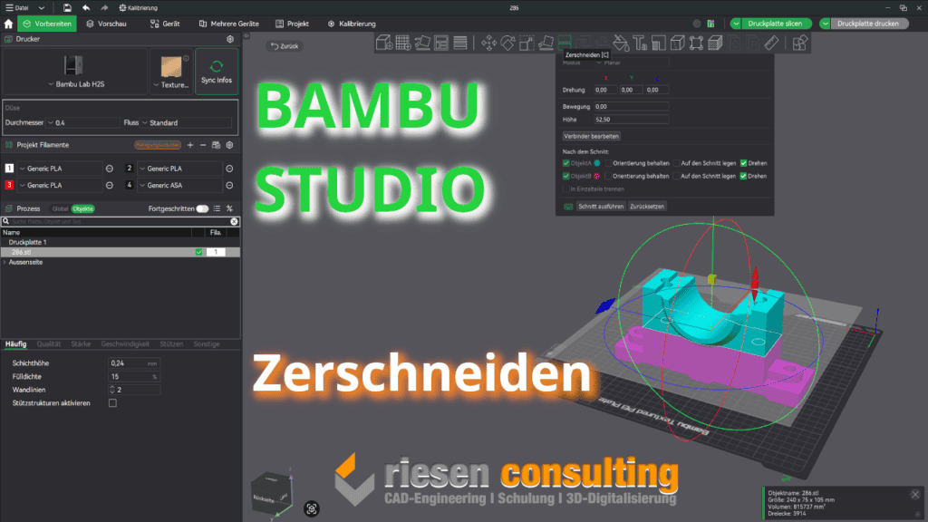 3D-Modelle zerschneiden und Bauteile teilen in Bambu Lab Studio für den 3D-Druck
